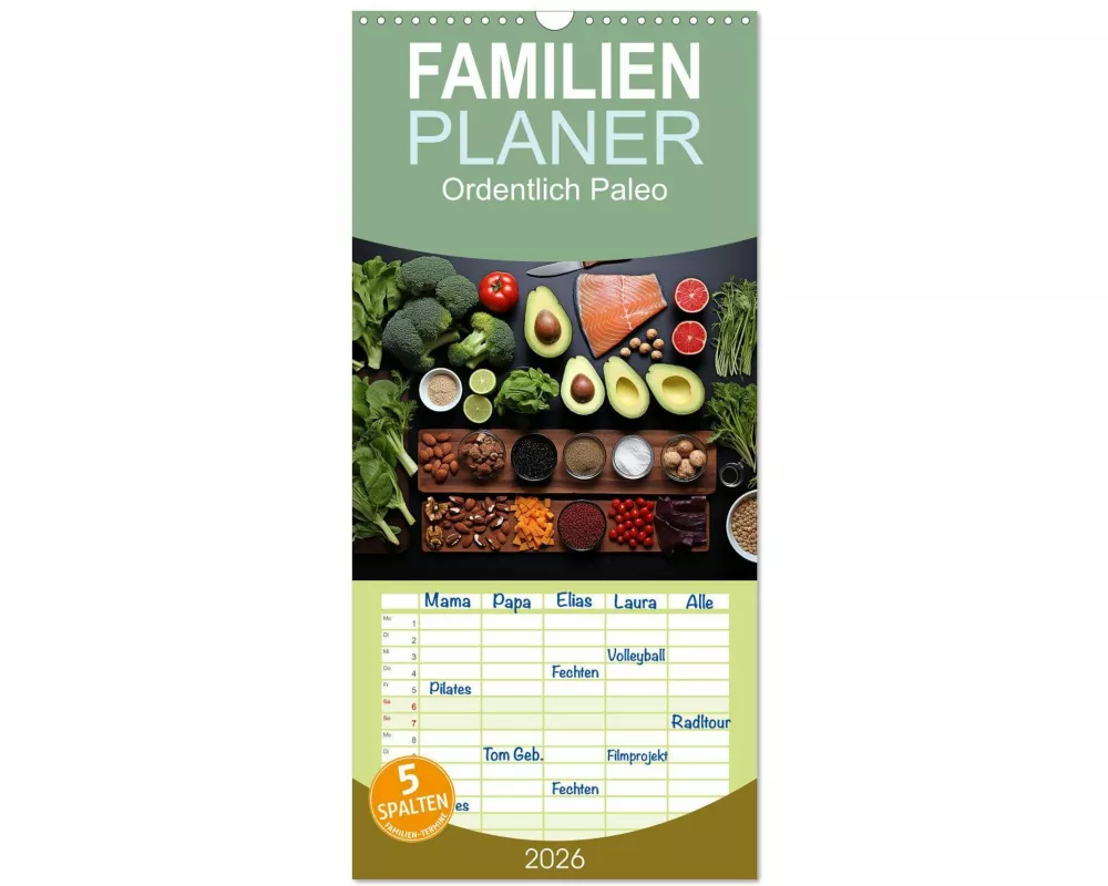 Familienplaner 2026 - Ordentlich Paleo mit 5 Spalten (Wandkalender, 21 x 45 cm) CALVENDO