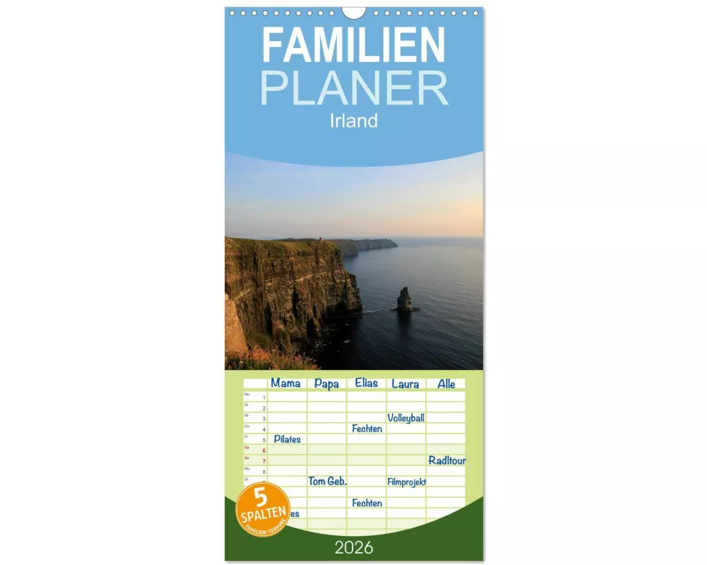 Familienplaner 2026 - Irland mit 5 Spalten (Wandkalender, 21 x 45 cm) CALVENDO