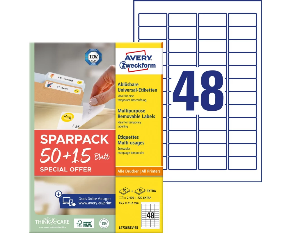 Avery Zweckform Universal-Etiketten L4736REV-65, 45.7 x 21.2 mm, 65 Blatt