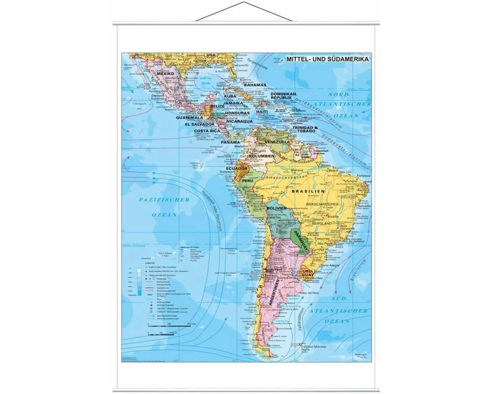Mittel- und Südamerika politisch 1 :7.0.000 000. Wandkarte mit Metallbeleistung