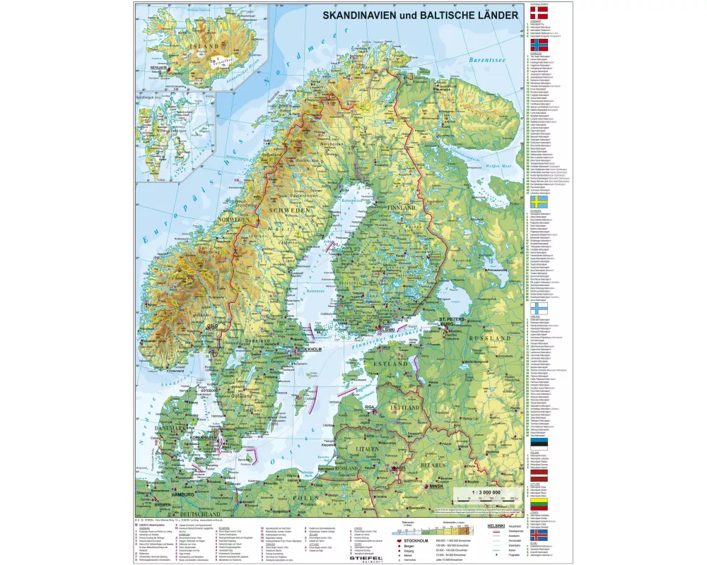 Skandinavien und Baltikum physisch 1 : 30.000 000. Wandkarte mit Metallbeleistung