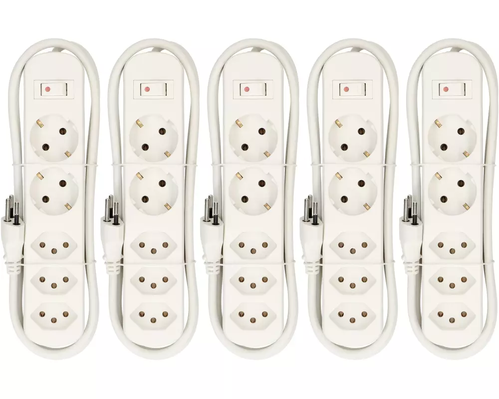 Max Hauri Steckdosenleiste Basic-Line 3x T13, 2x Schuko Weiss, 5er Set