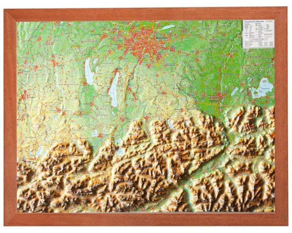 Relief Bayerisches Oberland 1:400.000 mit Holzrahmen