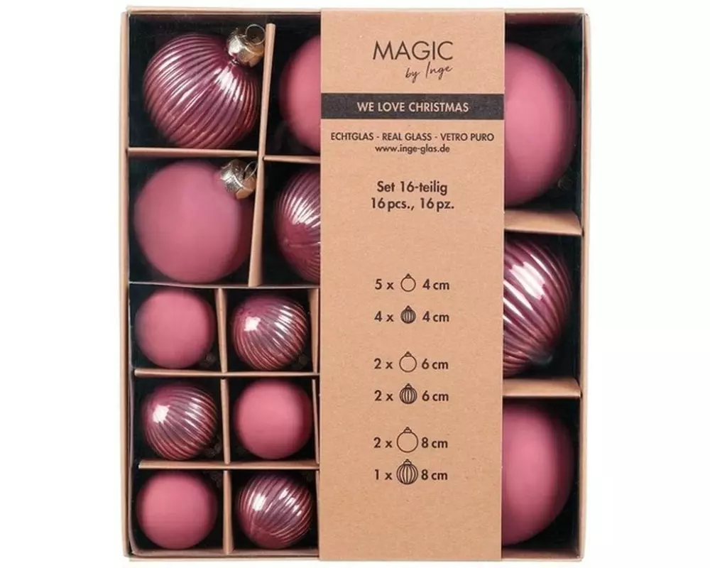 INGES CHRISTMAS DECOR Weihnachtskugel 4, 6 und 8 cm Rosa, 16 Stück