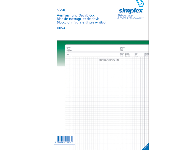 SIMPLEX Ausmassbuch A4 15103 grün/weiss 50x2 Blatt