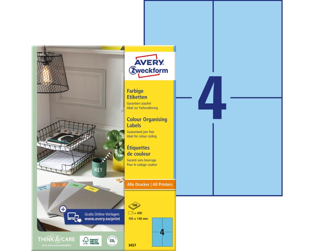 AVERY ZWECKFORM Etiketten 105x148mm 3457 Universal, blau 10Bl./4St.