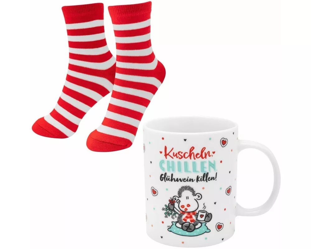 Sheepworld Tassen-Socken-Set bestehend aus einer Tasse mit Motivdruck: "Kuscheln, Chillen, Glühwein killen!" und einem Paar Socken in Größe 36-40
