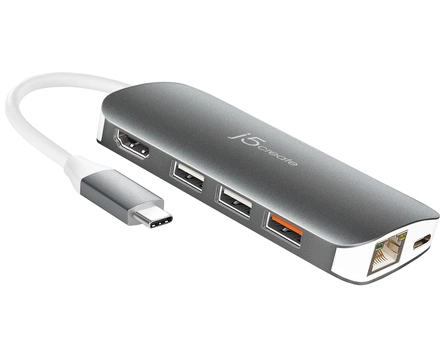j5create JCD383 USB-C 9-in-1 Multi Adapter, Silver and White. Host interface: USB 3.2 Gen 1 (3.1 Gen 1) Type-C. Ethernet LAN data rates: 10,100,1000 Mbit/s. Product colour: Silver, White, Compatible memory cards: MicroSD (TransFlash), SD, Hub interfaces: HDMI, USB 3.2 Gen 1 (3.1 Gen 1) Type-A, USB 3.2 Gen 1 (3.1 Gen 1) Type-C. Power supply: 2.4 W, Output voltage: 5.06 V, Output current: 0.49 A. Windows operating systems supported: Windows 10, Mac operating systems supported: Mac OS X 10.11 El C