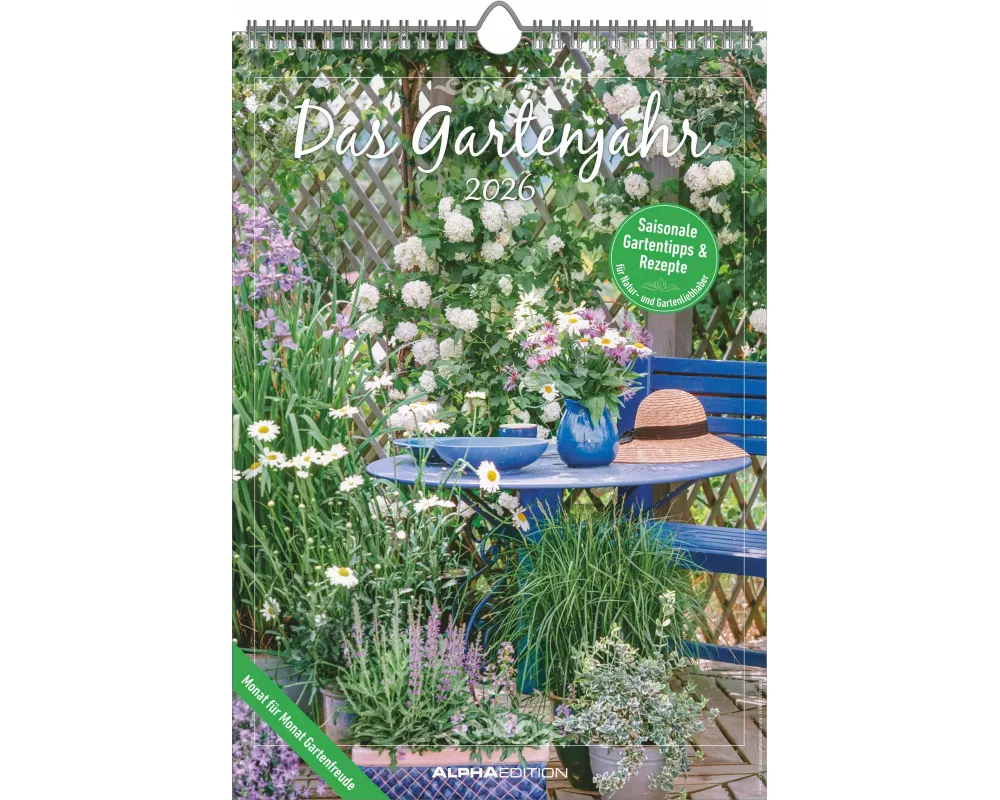 Alpha Edition - Das Gartenjahr Kalender 2026 – 23,7x34 cm – Bildkalender & Küchenkalender mit saisonalen Gartentipps & Rezepten – Mit Feiertagen & Not