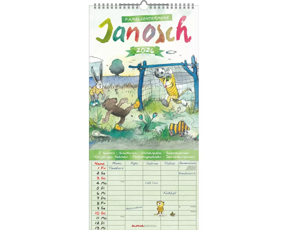 Alpha Edition - Janosch - 5 Spalten Familienkalender 2026 – Wandkalender 22×45 cm mit Spalten für Termine, liebevollen Illustrationen & Feiertagen, pr