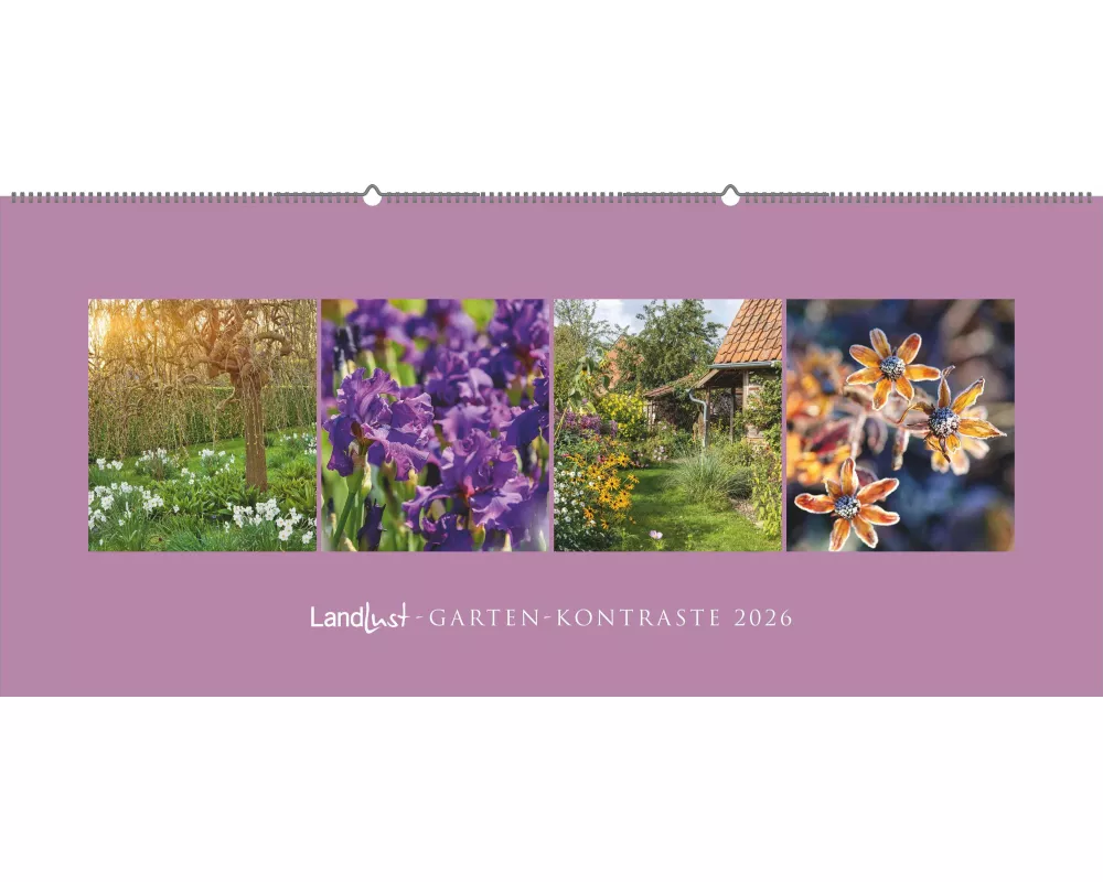 Landlust - Landlust Panorama: Garten-Kontraste 2026 - 110×50 cm Wandkalender mit großformatiger Fotografie, Panorama-Gartenkalender für Naturfreunde &