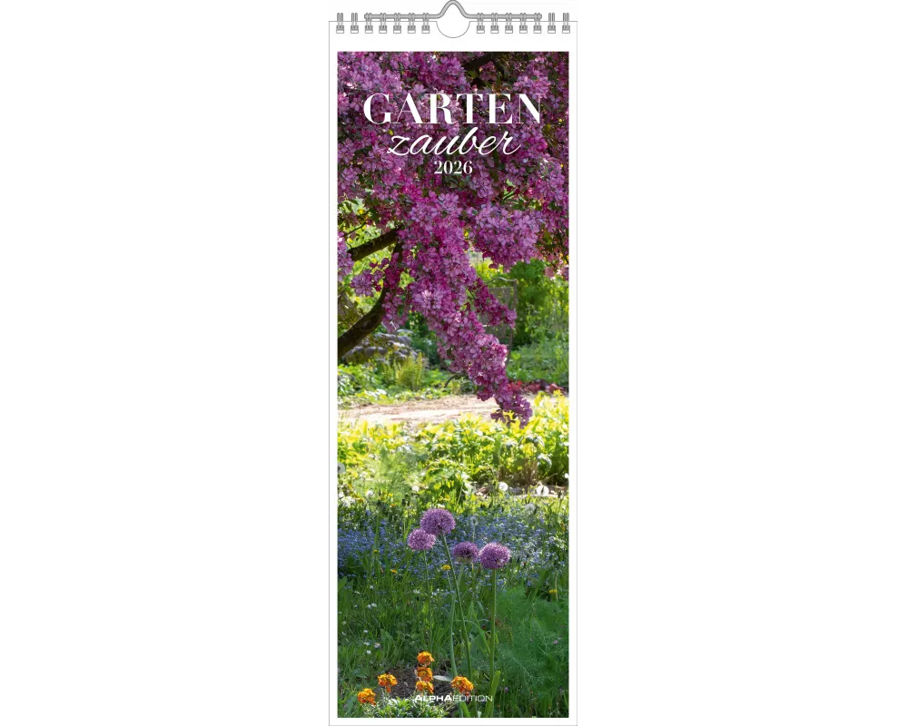 Alpha Edition - Gartenzauber Kalender 2026 – Streifenkalender 15×42 cm mit Gartenmotiven & Platz für Notizen, dekorativer Wandkalender und praktischer