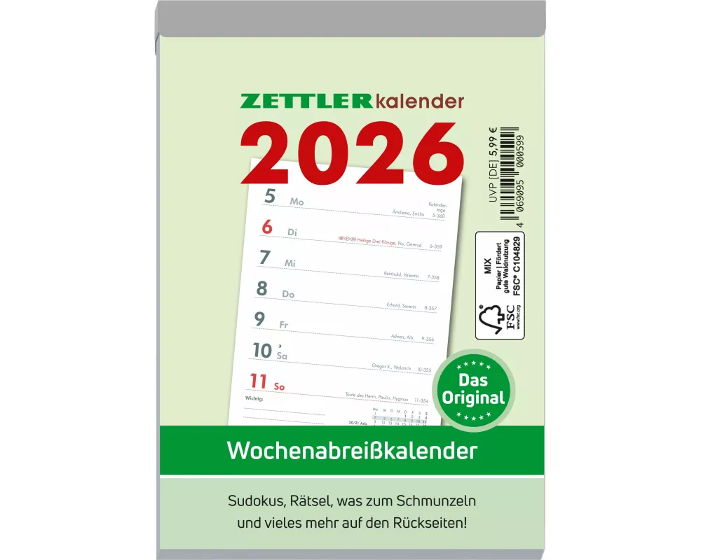 Zettler Wochenabreißkalender 2026 Typ 325 – Abreißkalender 11 × 15 cm, 1 Woche pro Seite mit Sudoku, Rezepten, Rätseln & Tipps auf den Rückseiten, FSC
