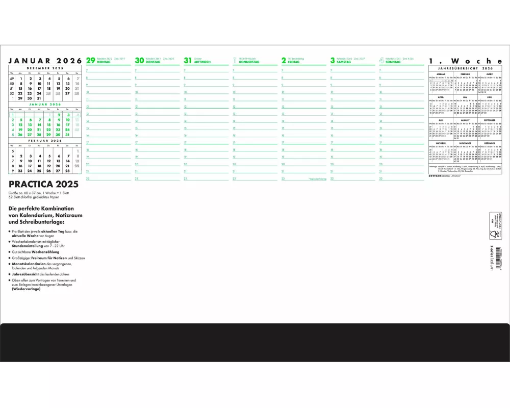 Zettler Schreibunterlage Practica 2026 – Schreibtischunterlage 60 × 37 cm, 1 Woche auf 1 Blatt, mit Schutzleiste 4,5 cm, Dreimonats- und Jahresübersic