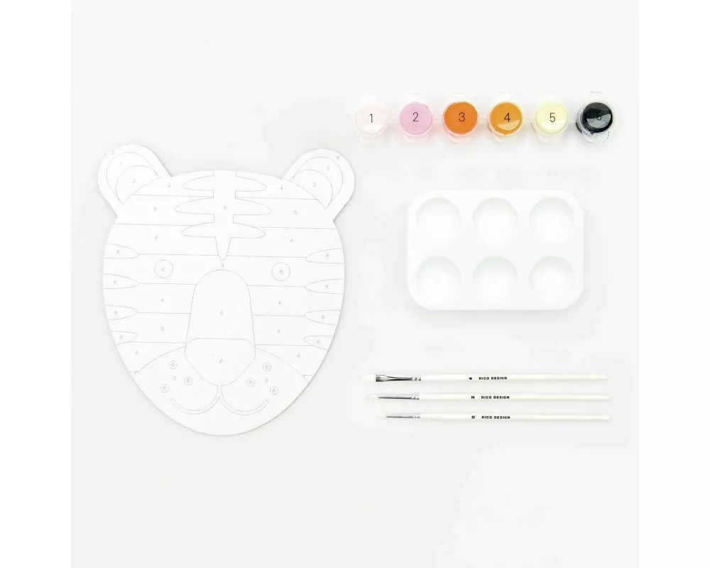 Malen nach Zahlen Set, Tiger, FSC 100%, Inhalt: 1 Malkarton, 6 Acrylfarben für ein Motiv, 3 Pinsel, 1 Malpalette