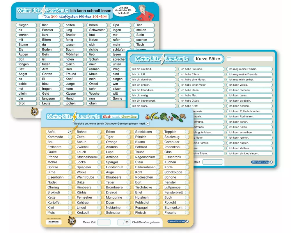 3 Blitzlesekarten im Set - 200 häufigste Wörter - Sätze - Suchwörter