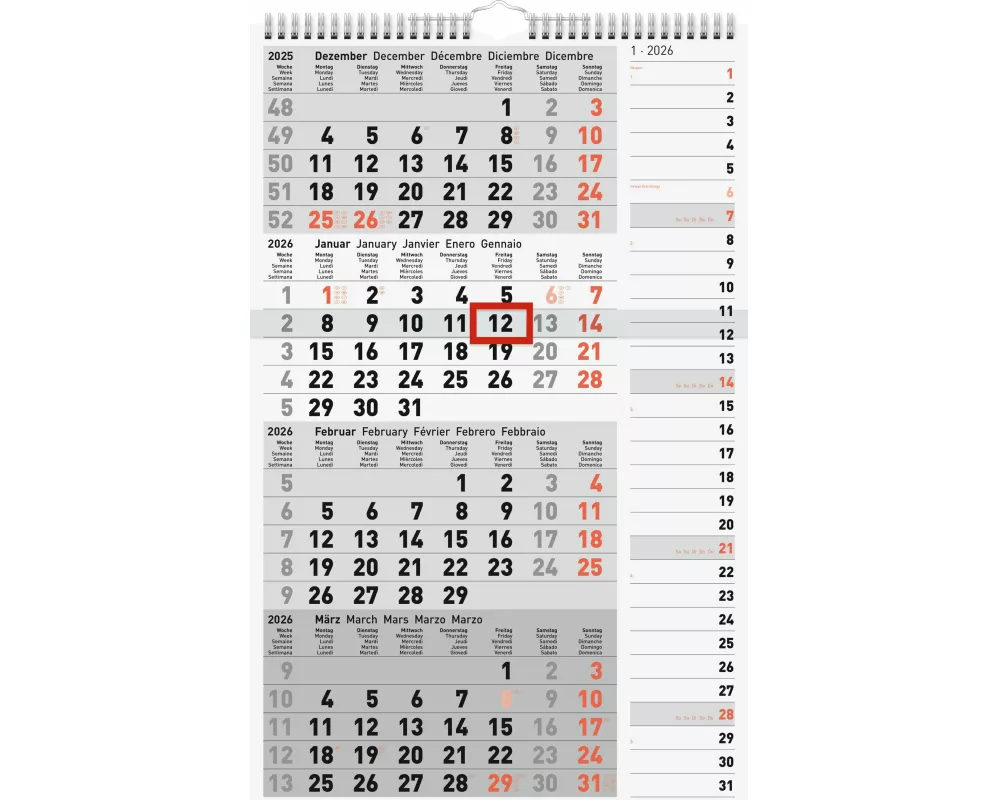 rido/idé 7033430006 | 4-Monatskalender 2026 | grau, 300×490 mm