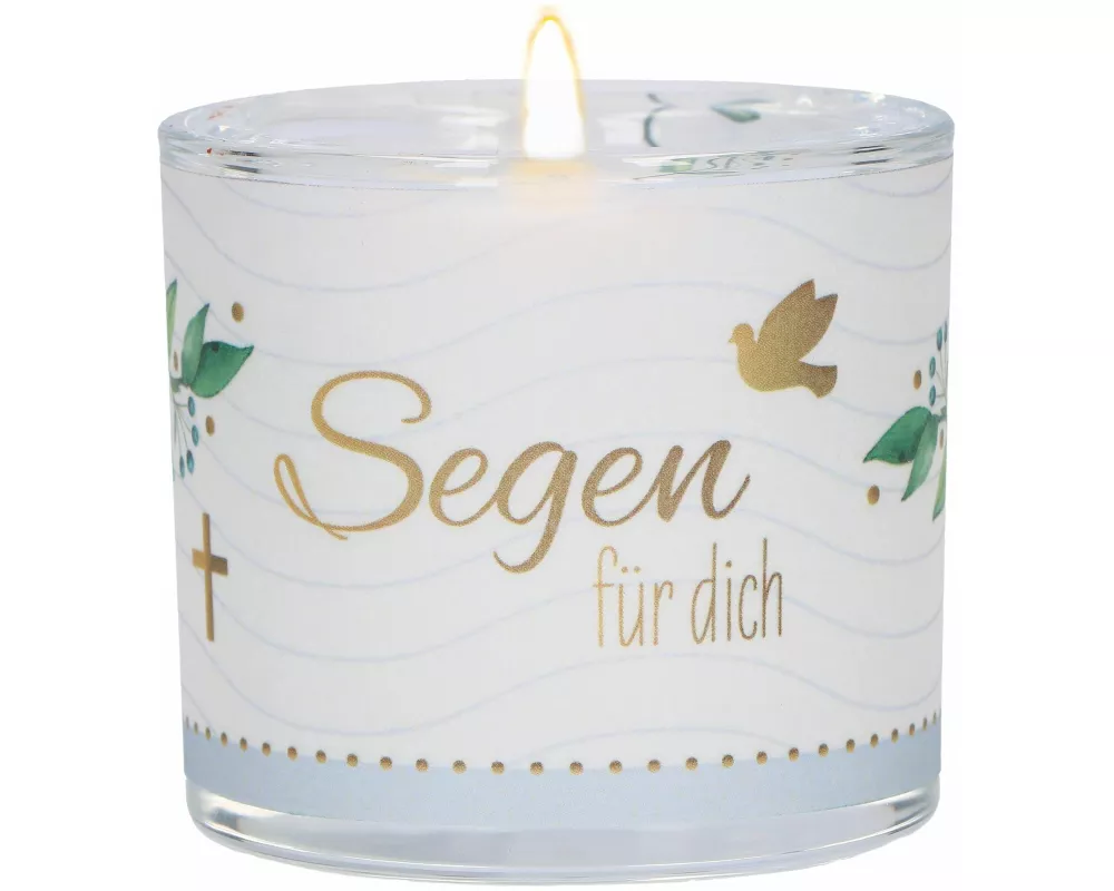 Butzon & Bercker Glaswindlicht "Segen für dich" Ø 6 cm – handgeblasenes Windlicht mit Pergamentumleger, türkise Geschenkverpackung, weißes Teelicht, l