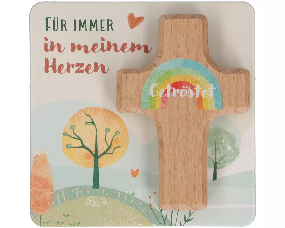 Butzon & Bercker Handschmeichlerkreuz 6 x 4 cm - farbig bedrucktes Kinderkreuz aus Buchenholz, Lieferung auf Backcard, folienfrei verpackt