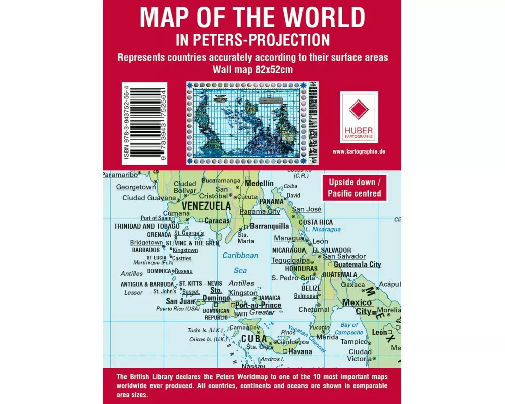 Weltkarte Petersprojektion, Up-side down englisch (ca. 82,5 x 52,3 cm)