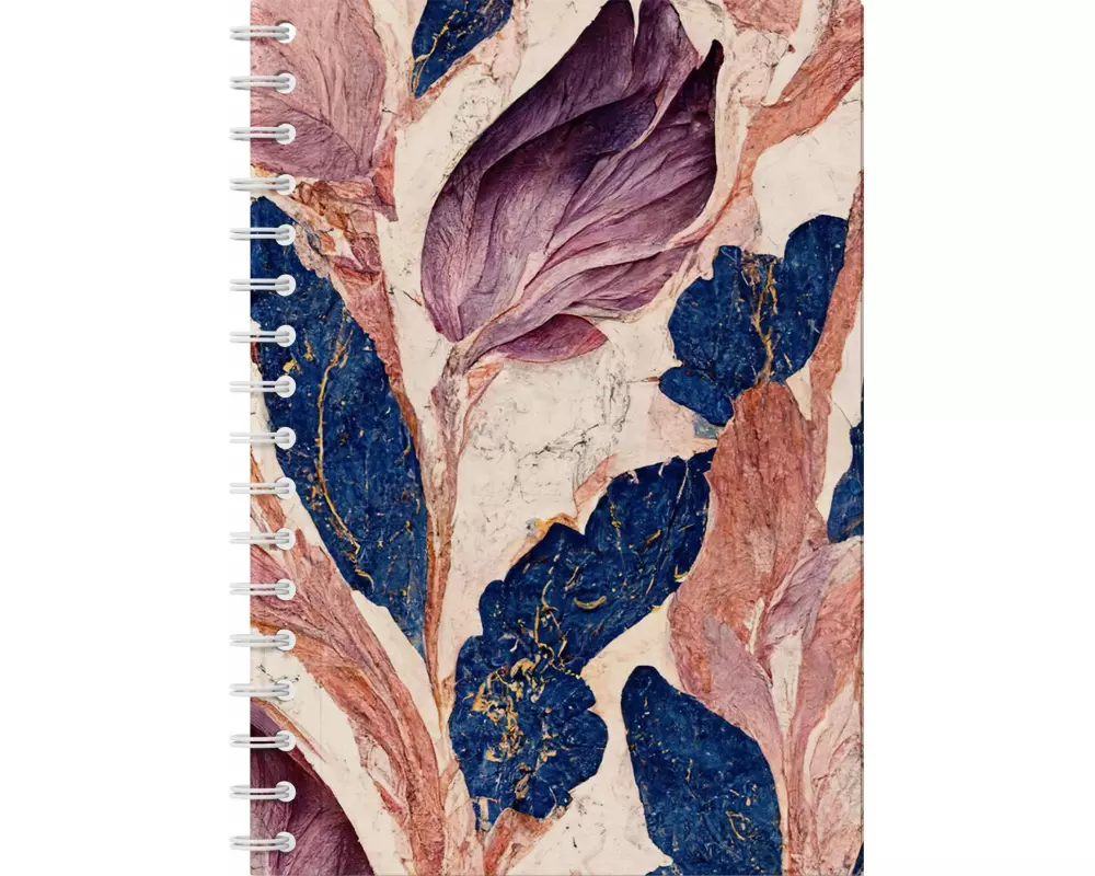 Marmorträume - Premium Spiral-Notizbuch A5 Soft-Touch liniert. Violett-blaue Marmorillusion mit schimmernden goldenen Details