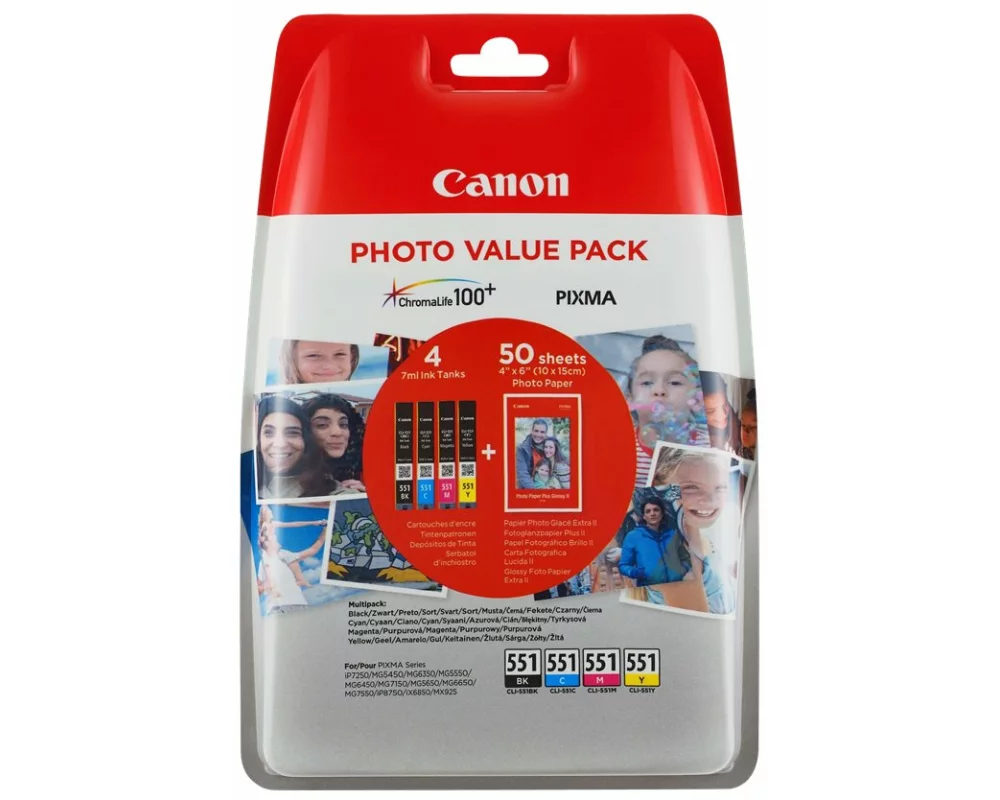 Canon 1LB CLI-551 Value Pack Blister 4x6 Phot Paper PP-201 50sheets + Cyan Magenta Yellow & Photo Black ink tanks