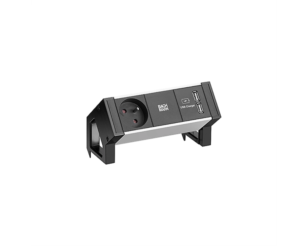 BACHMANN DESK2 ALU BLACK 1xUTE 1xUSB Charger 0,2m GST18