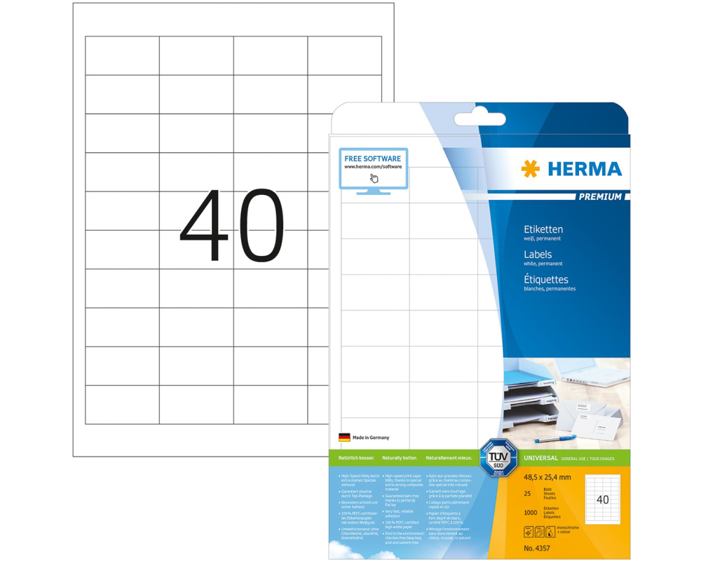 HERMA Universal-Etikett. 48,5x25,4mm 4357 weiss 1000 St./25 Blatt
