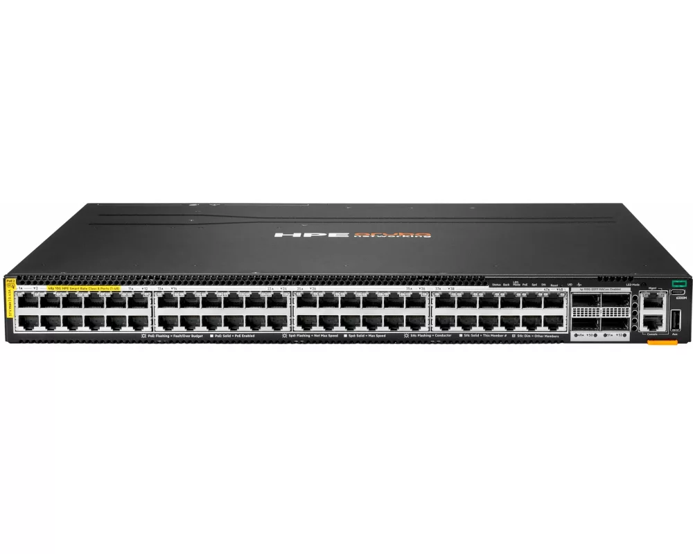 HPE Aruba 6300M Switch, 48 Port, Smart Rate 1/2.5/5/10G Class 8 PoE and 4 Port 100G, MACsec, AVB, PTP, Layer 3, Stackable, 1U