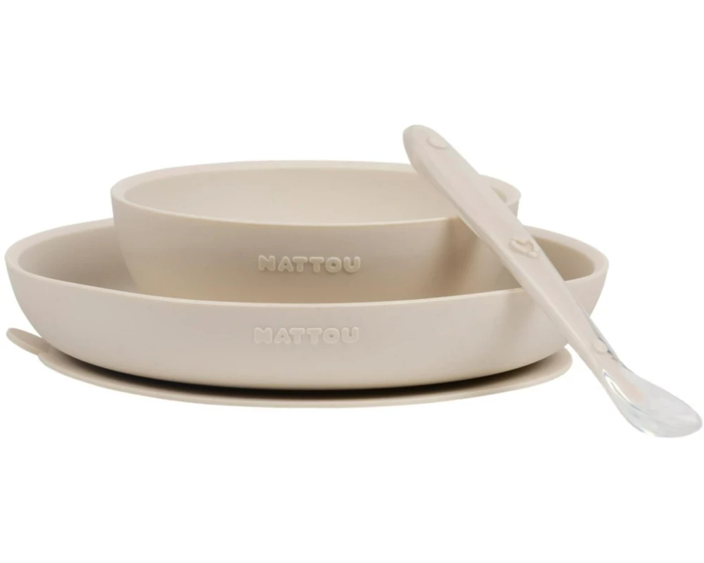 NATTOU Kindergeschirrset Silikon Esslernset 3-teilig beige