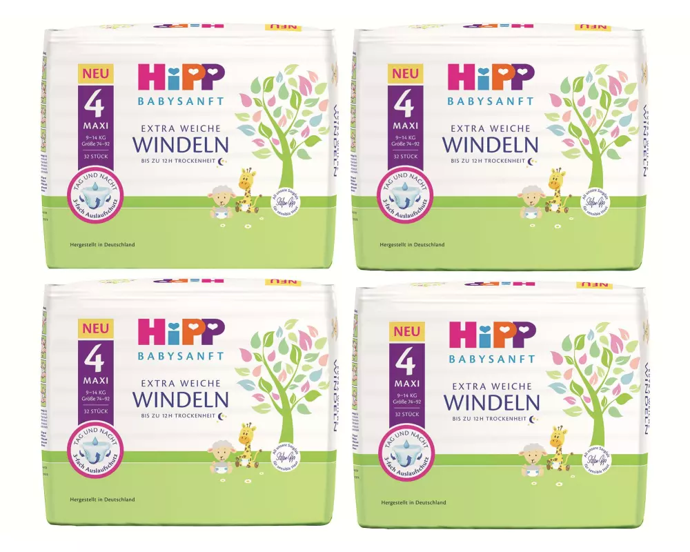 HIPP Windeln Babysanft Maxi Grösse 4, 4x 32 Stk.