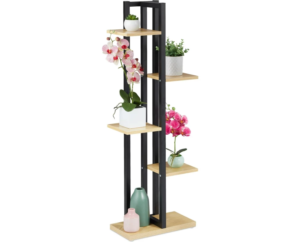 relaxdays Blumentreppe Stahl / MDF, Hellbraun / Schwarz, 117 cm