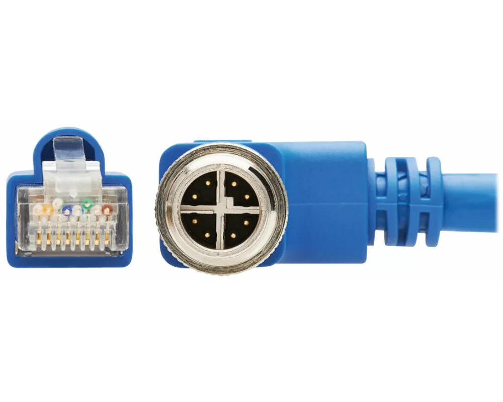 EATON TRIPPLITE M12, X-Code, Cat6a, 10G, F/UTP, CMR-LP, Shielded Ethernet Cable, Right-Angle, M12m/RJ45m, IP68, PoE, Blue, 3m