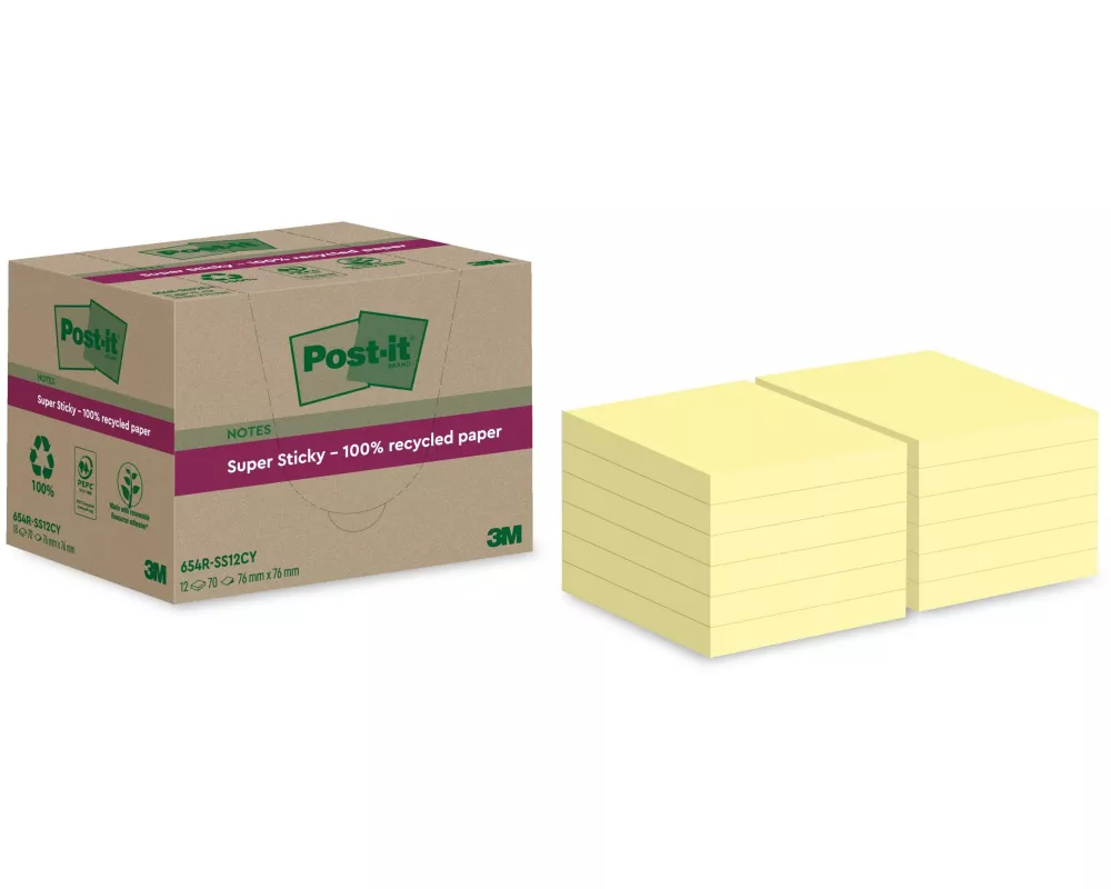 Post-it Notizzettel Super Sticky Recycling, Gelb, 12 Blöcke
