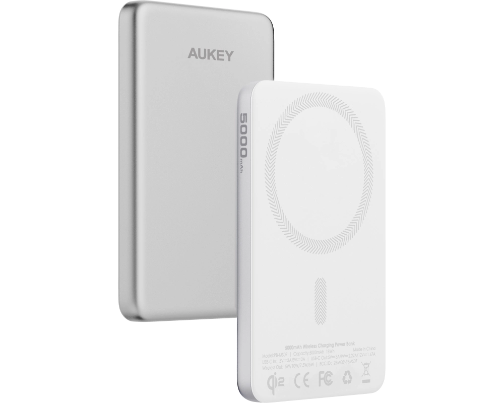AUKEY MagFusion Slim 5000mAh PB-MS07 SW Powerbank Qi2 Wireless,White
