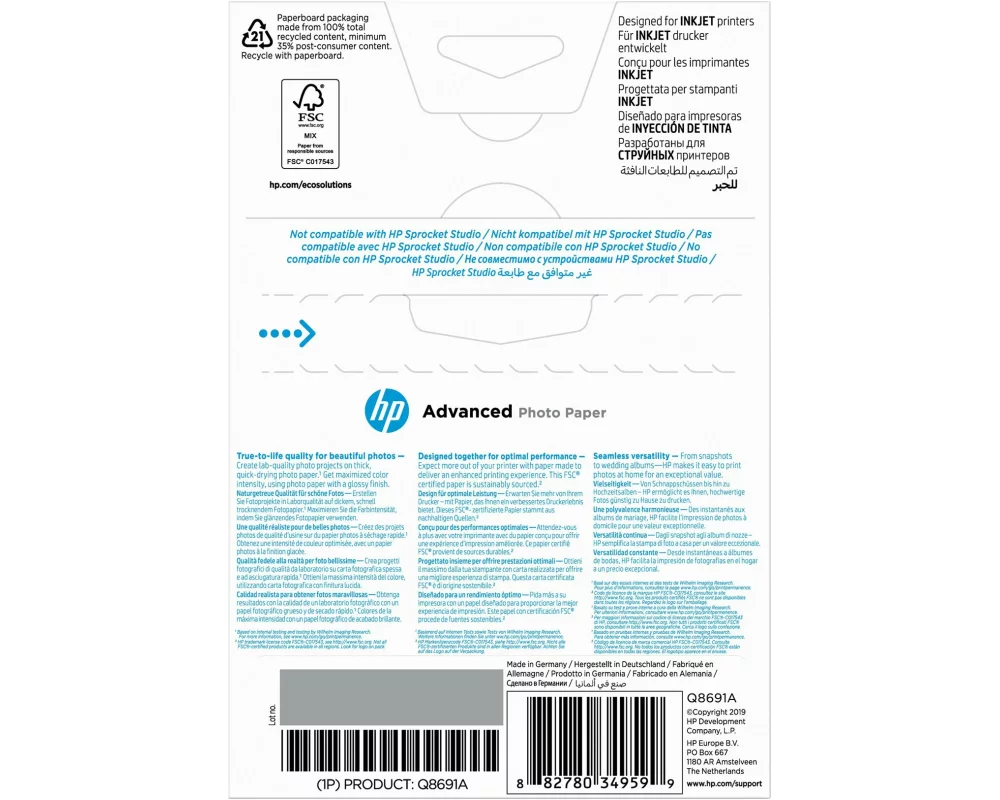 HP Q8691A Advanced highgloss Photo Paper Inkjet 250g/m22 100x150mm 25 Sheet borderless