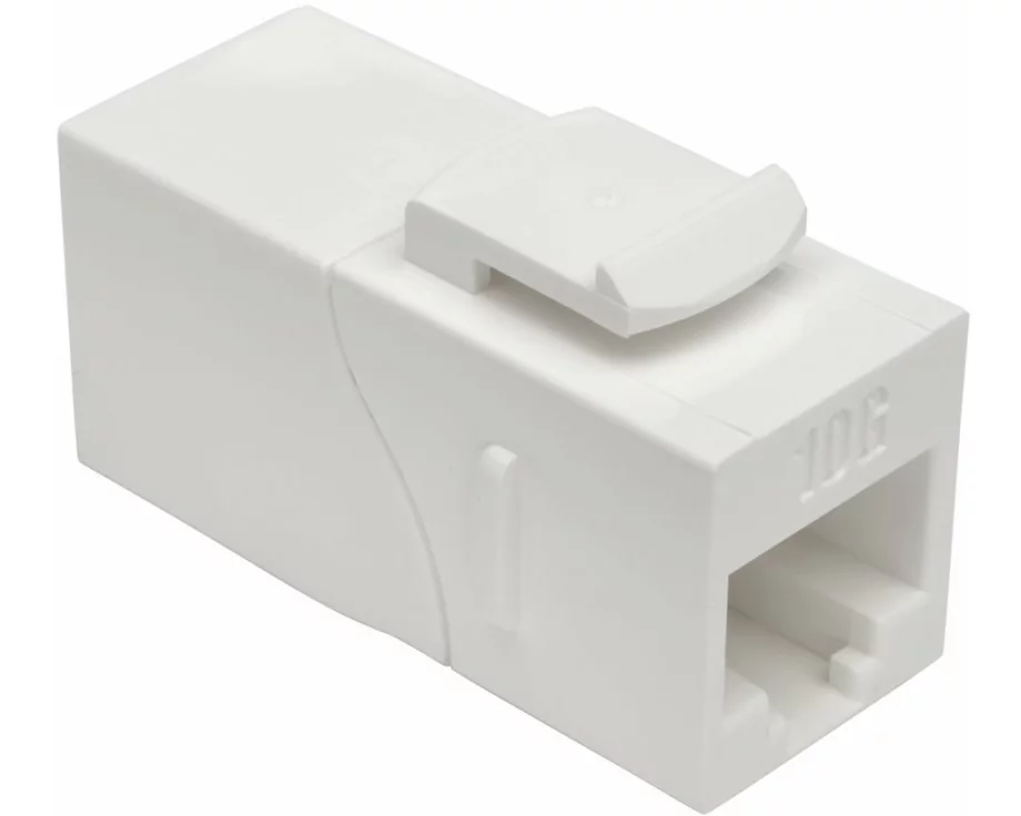 EATON TRIPPLITE Cat6a Straight-Through, Modular, In-Line, Snap-In Coupler, with 90-Degree Down-Angled Port, White, RJ45, F/F
