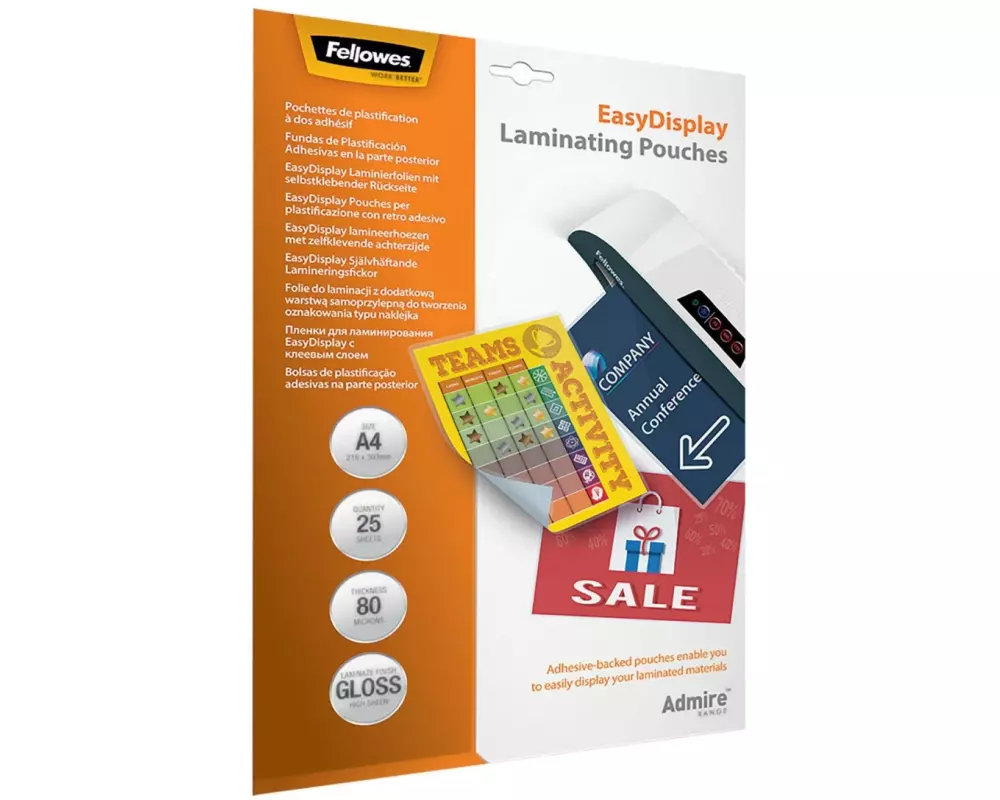 Fellowes Laminierfolie EasyDisplay A4, 80 µm, 25 Stk., Glänz. Selbst.