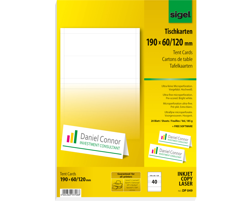 SIGEL Tischkarten 190x60mm DP049 weiss, 185g 40 Stück