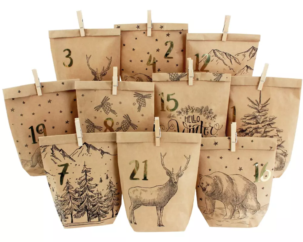 G. Wurm Adventskalender Tüten mit Klammern Waldtiere, 72 Stück