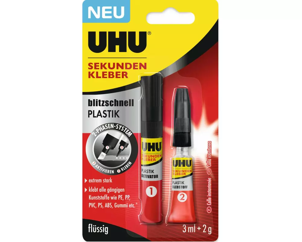 UHU Sekundenkleber blitzschnell Plastik 2 g + 3 ml
