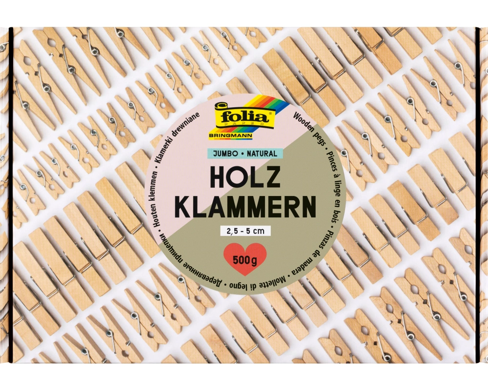 FOLIA Holzklammern natural 500g 22994 Jumbo Pack, 2.5-5 cm