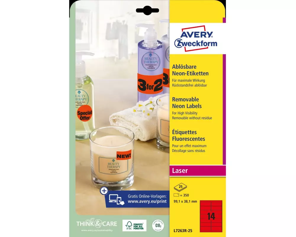 Avery Zweckform Vielzweck-Etiketten 99.1 x 38.1 mm, 25 Blatt, Neonrot