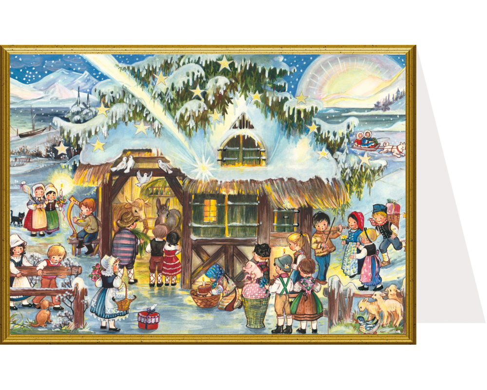 SELLMER Weihnachtskarte 9900 99258 Buntes Treiben am Stall