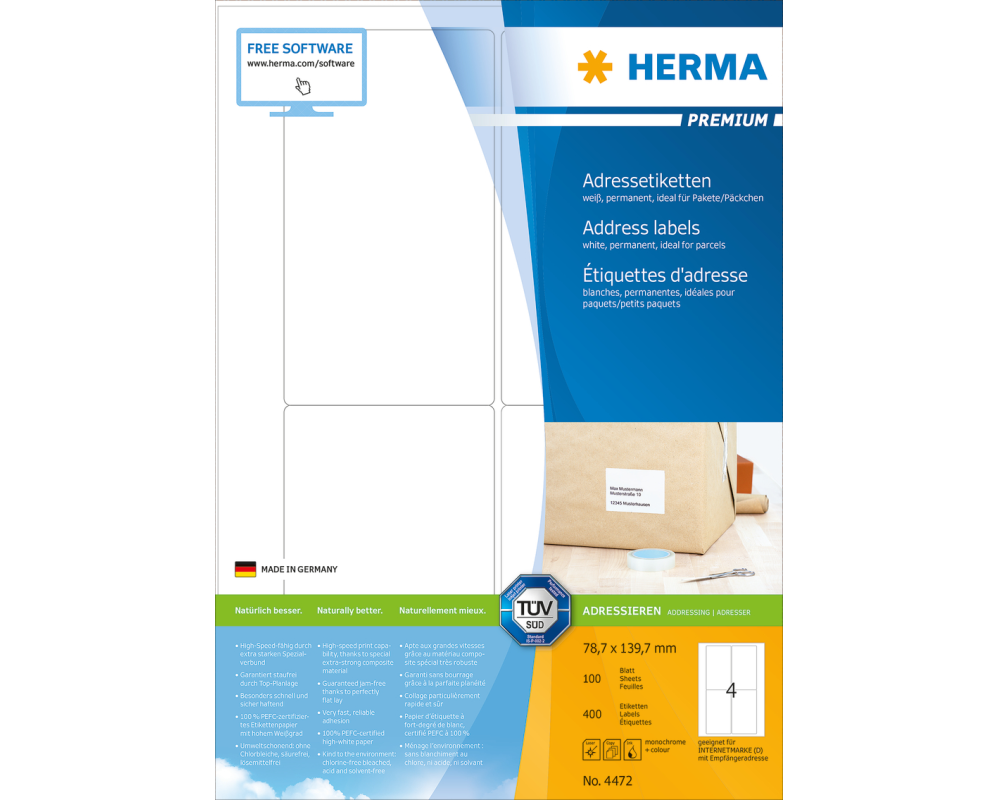HERMA Etiketten PREMIUM 78.7x139.7mm 4472 weiss,perm. 400 St./100 Bl.