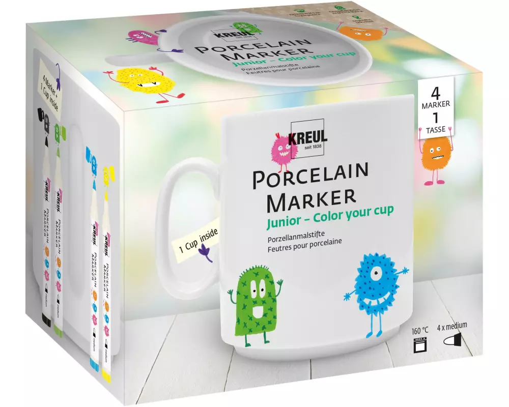 Kreul Porzellanfarbe Marker Junior Set 4 Marker, 1 Porzellantasse