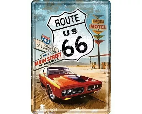 Blechpostkarten. US Highways / Route 66 Red Car