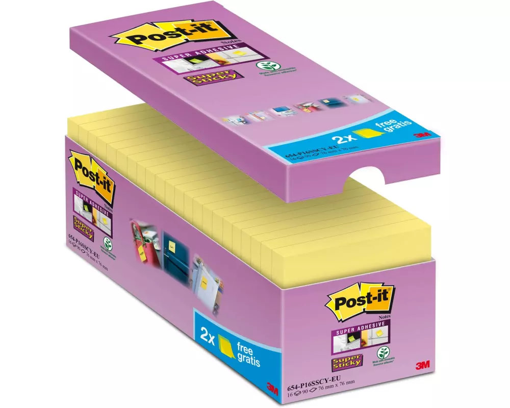 Post-it Notizzettel Super Sticky 16 Blöcke, 7.6 cm x 7.6 cm, Gelb