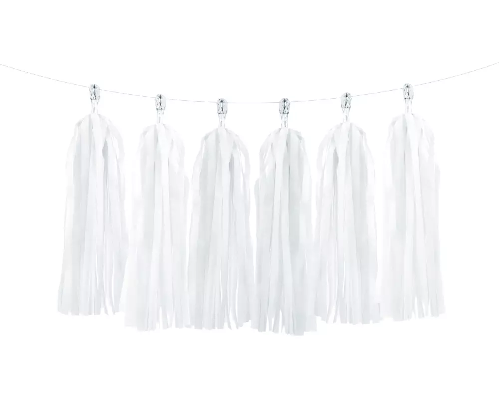 Partydeco Girlande Quasten 1.5 m, 12 Pompons, Weiss