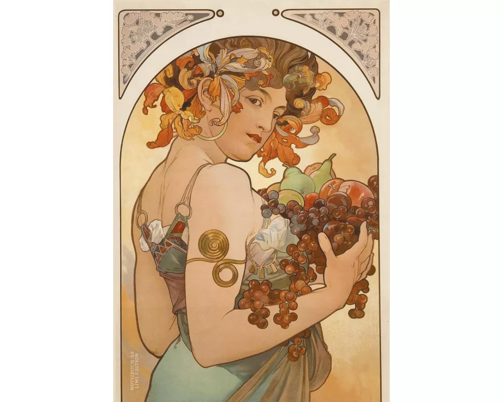 Notizbuch schön gestaltet mit Leseband - A5 Hardcover blanko - Alfons Mucha "Früchte" - 100 Seiten 90g/m² - FSC Papier